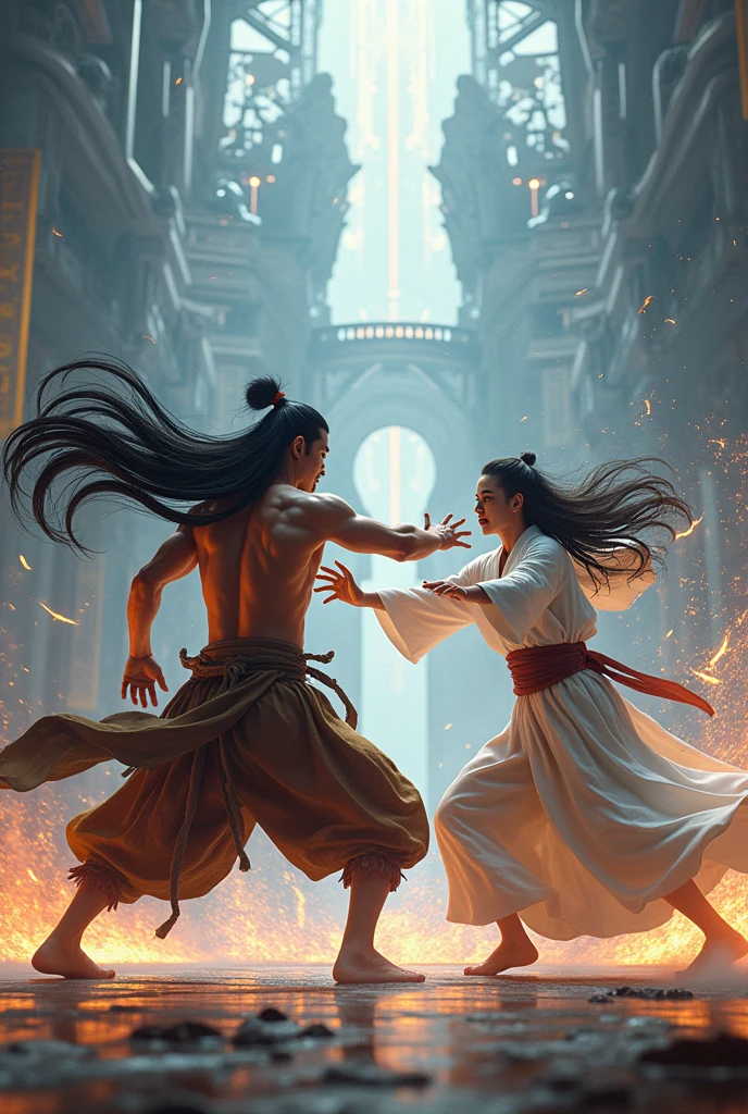 Have two men fighting in a futuristic coliseum, One is tall with long black hair tied samurai style wearing medieval villager clothes , one black and the other with long samurai-style hair, in a white robe, Both have powers