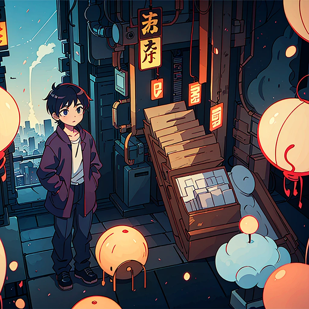 A boy standing in front of a Tokyo cityscape in a beautiful 2d anime style landscape