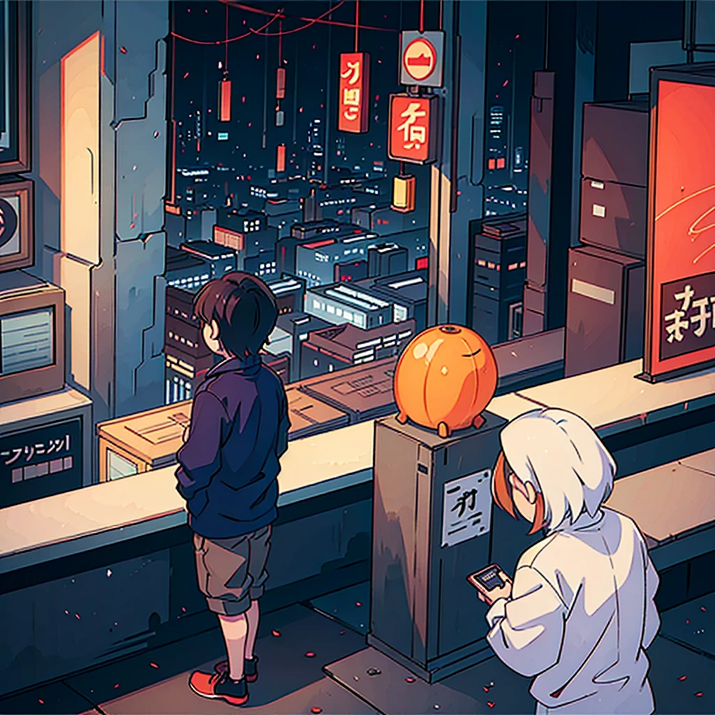 A boy standing in front of a Tokyo cityscape in a beautiful 2d anime style landscape