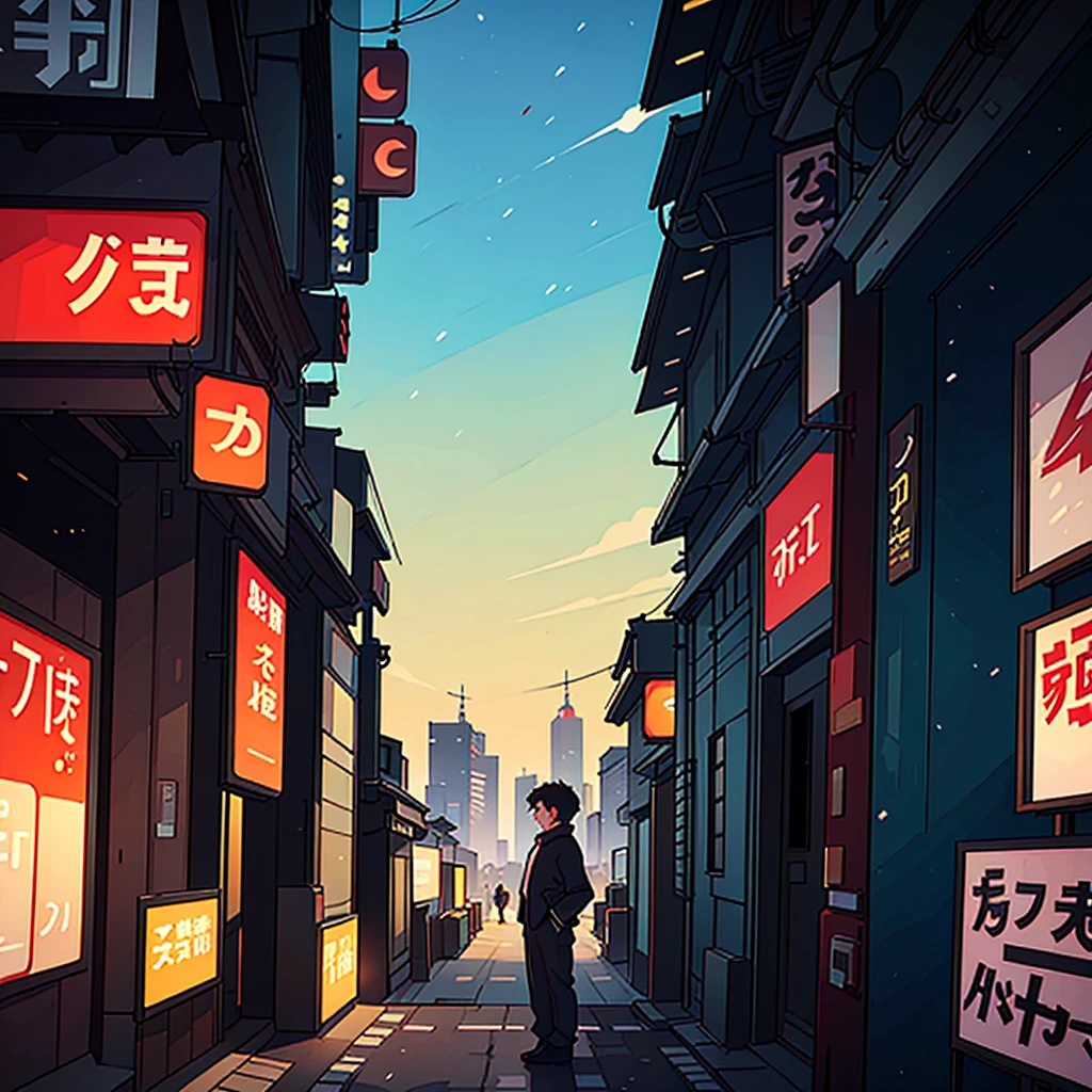 A boy standing in front of a Tokyo cityscape in a beautiful 2d anime style landscape