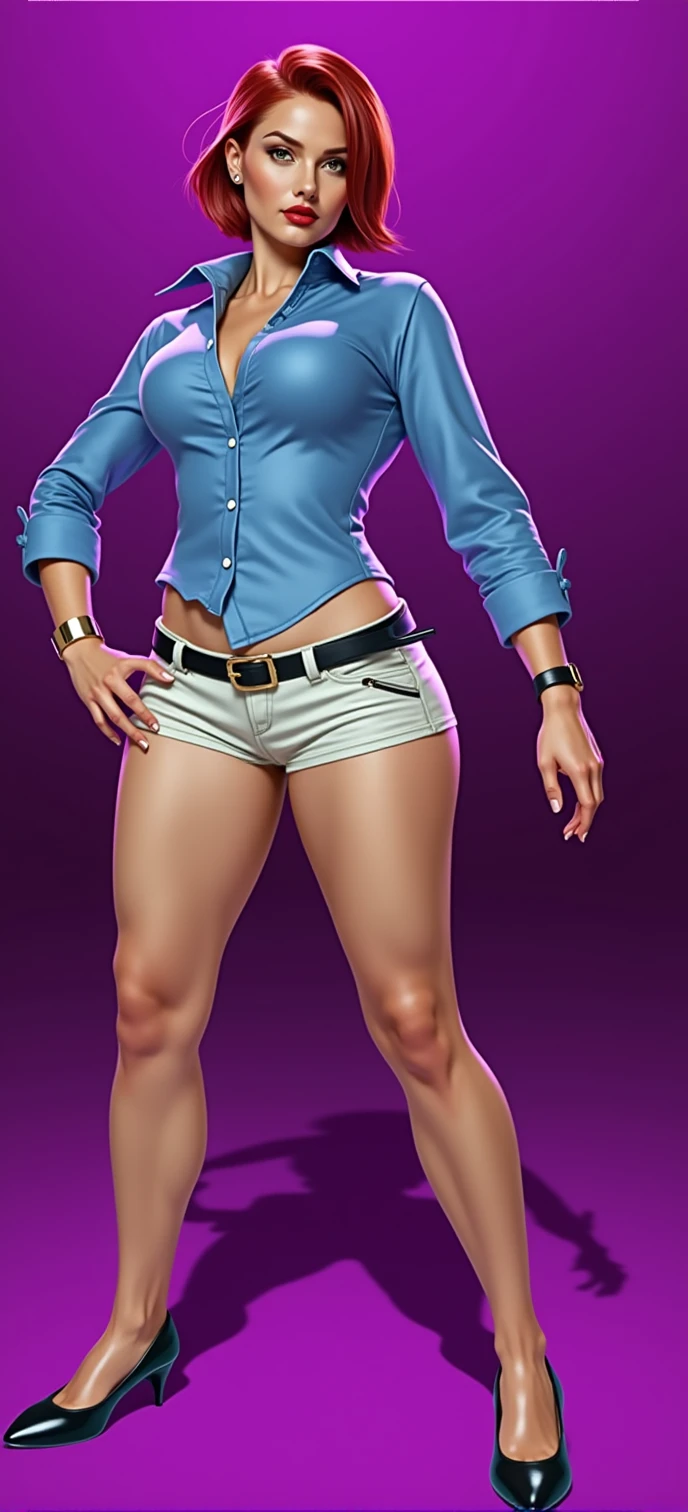 a beautiful young woman with short red hair, detailed face features, big breasts, fit body, wide curvy hips, big ass, wearing a short formal shirt and spandex shorts, belts, brazil, (best quality,4k,8k,highres,masterpiece:1.2),ultra-detailed,(realistic,photorealistic,photo-realistic:1.37),highly detailed portrait,cinematic lighting,warm color tones,intricate details,elegant,fashionable,dynamic pose