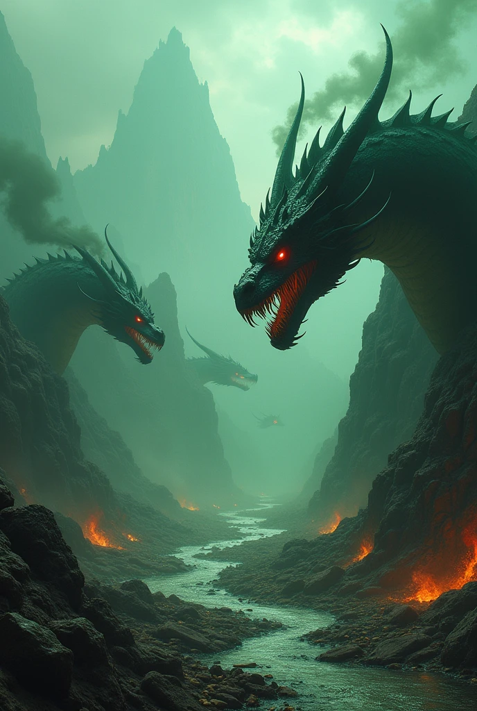 Create a terrifying area, dark like a desolate, green-smoking mountain range, teeming with black dragons that will slay anyone who enters.. For the dragon's detail, it has red and black whiskers. the area is also foggy like on the cliffs and mountains and there is a river containing toxins flowing nearby . there are skeletal bones around the area, there is also fire spreading on the ground