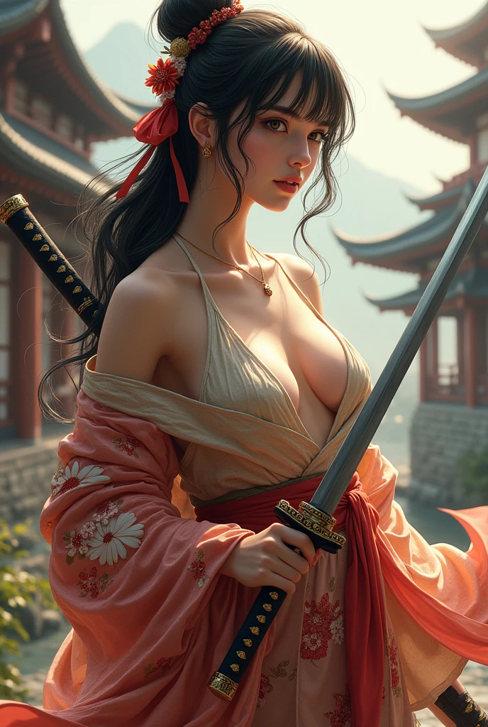 (photorealistic :1.4), eido area battlefields, a female ronin wearing halter top, short kimono, ponytail, holding a katana posing in dynamic actions in the middle of warriors.