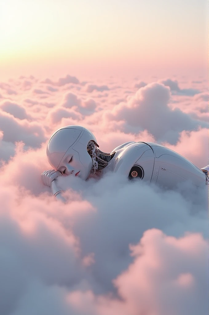Female robot lying on the clouds in a soft pink sky