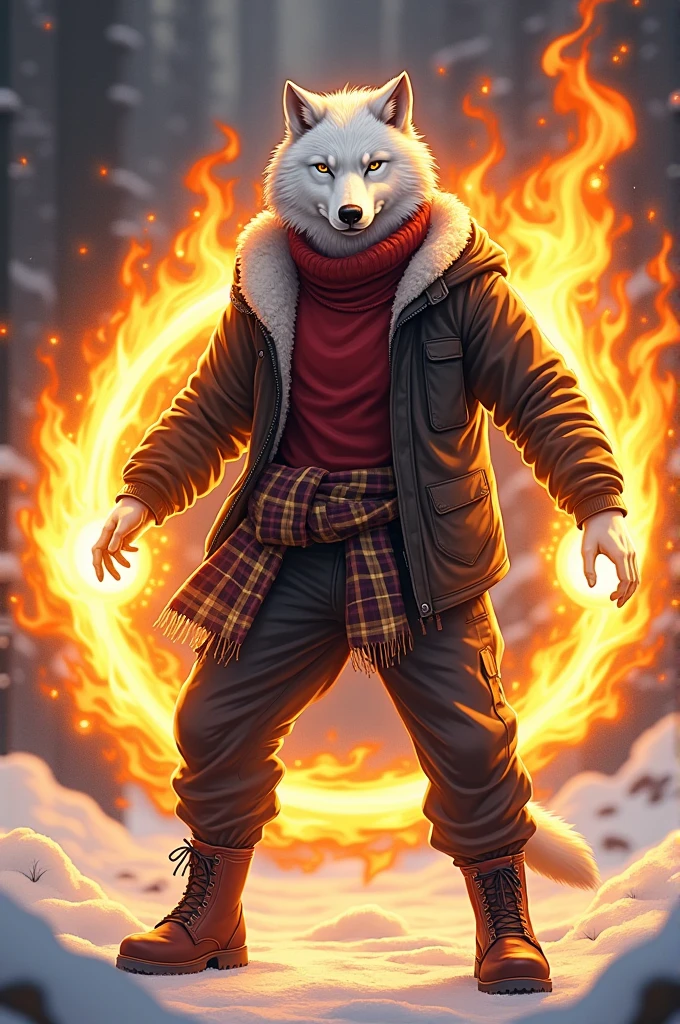 adult anthropomorphic wolf, with in anime style , with a slim lanky body and white fur. he is wearing a maroon turtleneck, with black cargo pants and winter boots. wearing a black winter jacket and a flannel around his waist, wielding powerful fire magic