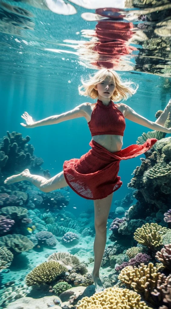 Best quality，tmasterpiece，Partial underwater photography，Reflectors，Blonde 1.3 ，Messy hair floating，slimfigure，Yellow-green Han clothing，light yarn，long leges