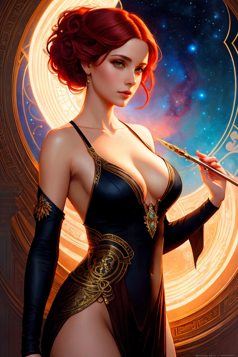 a beautiful red hair woman in sexy revealing fabric, full body, looking at viewer, symmetric, slight smile, spirtual awakening, cosmic, ethereal, mystical, complicated environment, brush stokes, illuminating lights, Greg Rutkowski, RHADS, Beeple, Makoto Shinkai, Lois van Baarle, Ilya Kuvshinov, Rossdraws, Tom Bagshaw, Alfonse Mucha, masterpiece, ultra high res, high quality,