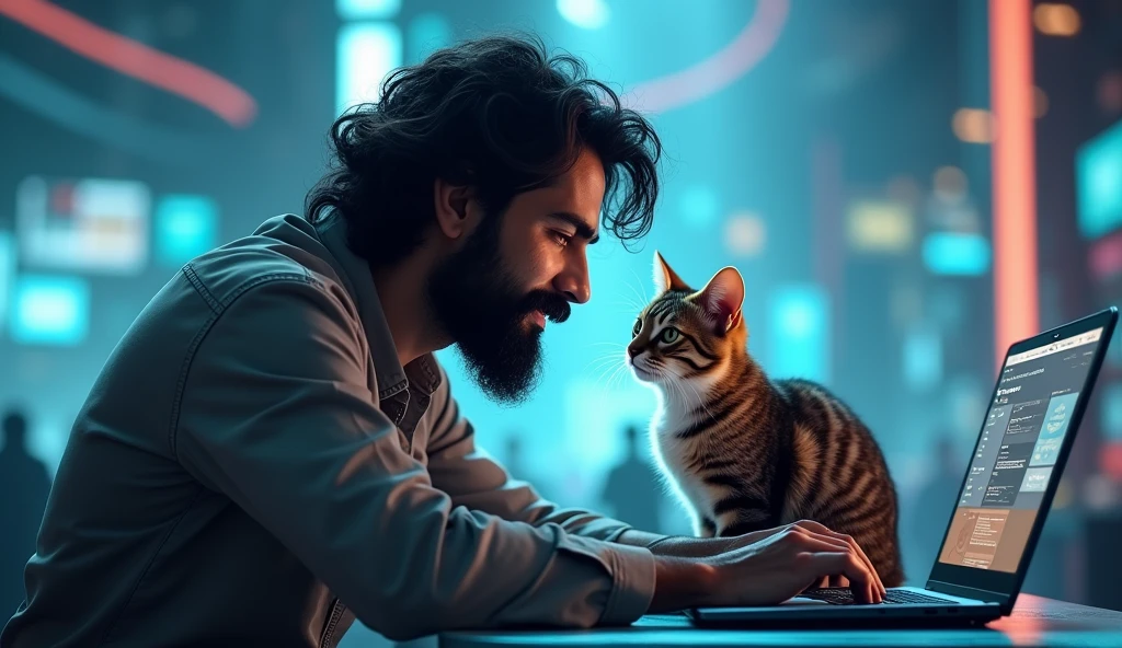 create a very beautifull cat with a very handsome indian man with small beard and big hairs in korean style and they are enjoying very mutch and very happy and man have many comuters and leptops for coding in futurestic world