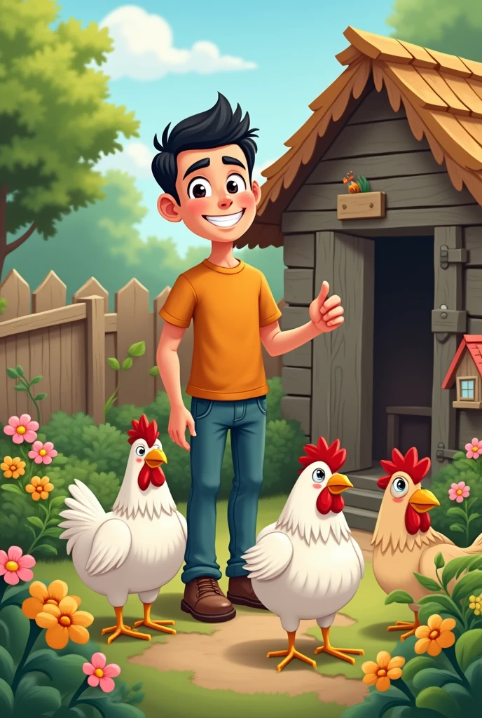 Create a 25 year old white guy, with black hair, strong social and taking care of his chicken coop in cartoon