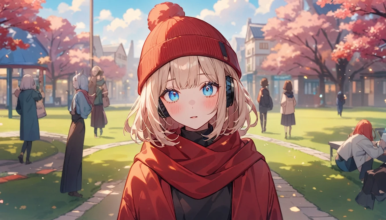 Anime Style、cute、Tabletop:1.2, high quality, 最high quality, High resolution, Surreal, and, Short Bob，Dirty hair, Bright blue eyes,Infinitely clear eyes，，High neck inner，Red knitted hat，scarf，Long skirt，Are standing，Tilt your head, Outdoor，Spring Park:1.5，Blurred Background, Portraiture,Natural look, (詳しいface), ((Sharp focus)), ((face)), Upper body_body，Spring comfort、Spring Park、Spring Sky、The world begins to emerge、Headphones