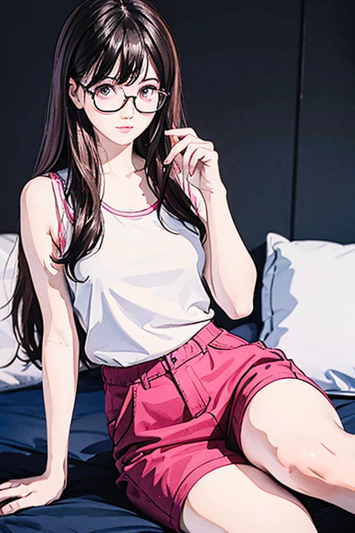 Highest quality、masterpiece、High sensitivity、High resolution、Detailed Description、Slender women、Glasses、White camisole、Sitting on a futon、Pink neon lights、