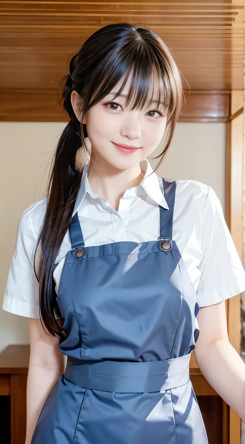 (Highest quality,masterpiece:1.3,Ultra-high resolution,),(Very detailed,Caustics),(Realistic:1.4,RAW shooting,)Ultra-Realistic Capture,Very detailed,High resolution 16K human skin closeup。 Natural skin texture、,pores、、、、It must be detailed enough to be easily identifiable。 Skin tone is even and healthy looking。 Use natural light and color,restaurant,Waitress Uniform,1 person,Japanese,18-year-old,cute,Black-haired,ponytail,Big Breasts,smile,Turn your body forward,(Front view:1.1),Looking into the camera,Cowboy Shot,
