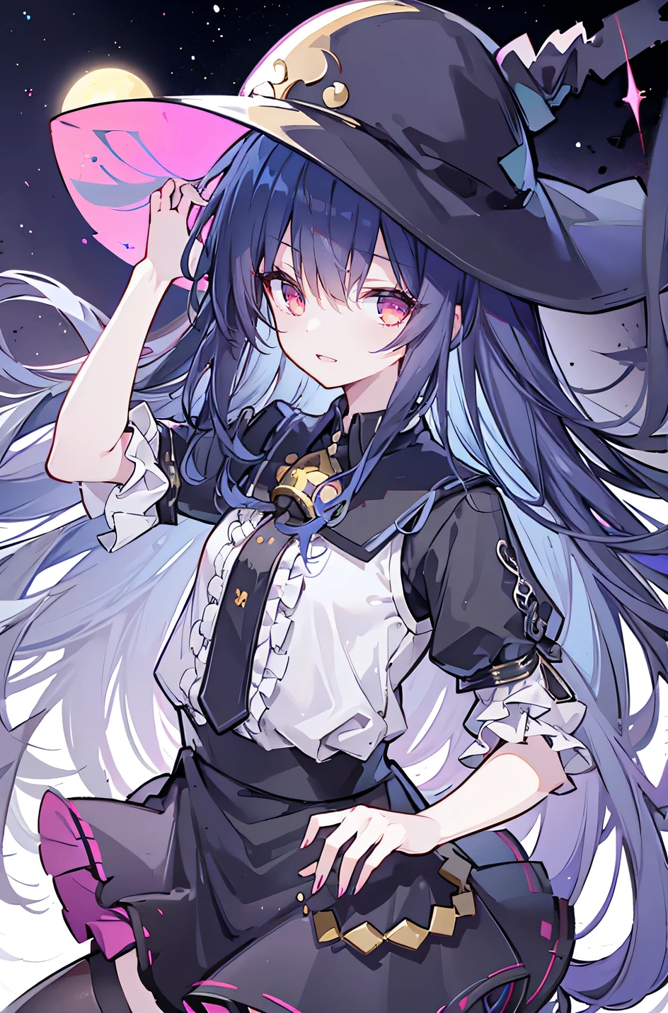 oung Girls,Humanity,A magician always smiles,big witch hat,cute,dark blue long hair,The eyes are dull,The bangs are heavy,Thin eyebrows,fantasy,intake,Double teeth,Star Theme,Constellation pattern,Solid color clothetal decoration,cloak,A bit of a dark atmosphere,A little crazy smile,When the big moon shines outside at night,blood,Hair black star embellishment,Short tie,No nails,High waist skirt,Bell sleeves,Long-sleeved shirt,Black tie,low risk,gentlemen。Mist、Yellow and white effect,Shocking pink as an accent color