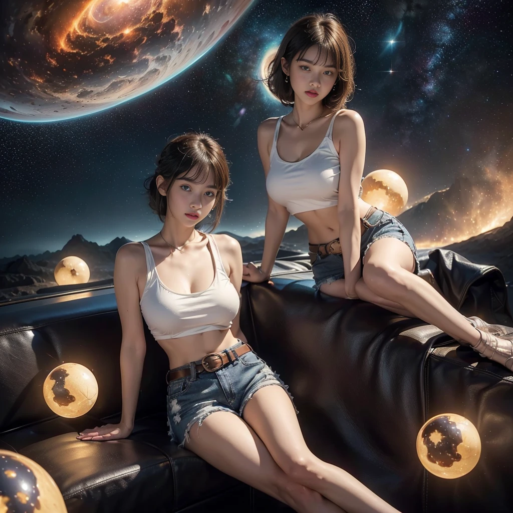 (best quality, 64k, Masterpiece, spherical body A captivating digital painting of a young woman sitting cross-legged on a reflective surface under a star-filled sky. She has a delicate, thoughtful expression, with large, soft eyes and slightly flushed cheeks. She is wearing a simple white crop top that reveals her midriff, paired with denim shorts. A stylish brown leather belt with a prominent golden buckle rests around her waist. The background is a mystical, mountainous landscape illuminated by a cosmic nebula and distant stars. Glowing orbs of light float around her, adding to the ethereal and dreamlike atmosphere. The overall scene blends elements of fantasy and science fiction, creating a serene yet mysterious mood."