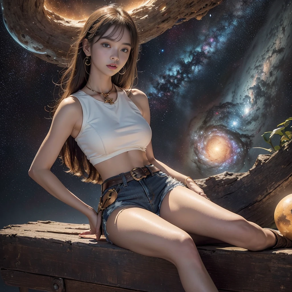 (best quality, 64k, Masterpiece, spherical body A captivating digital painting of a young woman sitting cross-legged on a reflective surface under a star-filled sky. She has a delicate, thoughtful expression, with large, soft eyes and slightly flushed cheeks. She is wearing a simple white crop top that reveals her midriff, paired with denim shorts. A stylish brown leather belt with a prominent golden buckle rests around her waist. The background is a mystical, mountainous landscape illuminated by a cosmic nebula and distant stars. Glowing orbs of light float around her, adding to the ethereal and dreamlike atmosphere. The overall scene blends elements of fantasy and science fiction, creating a serene yet mysterious mood."