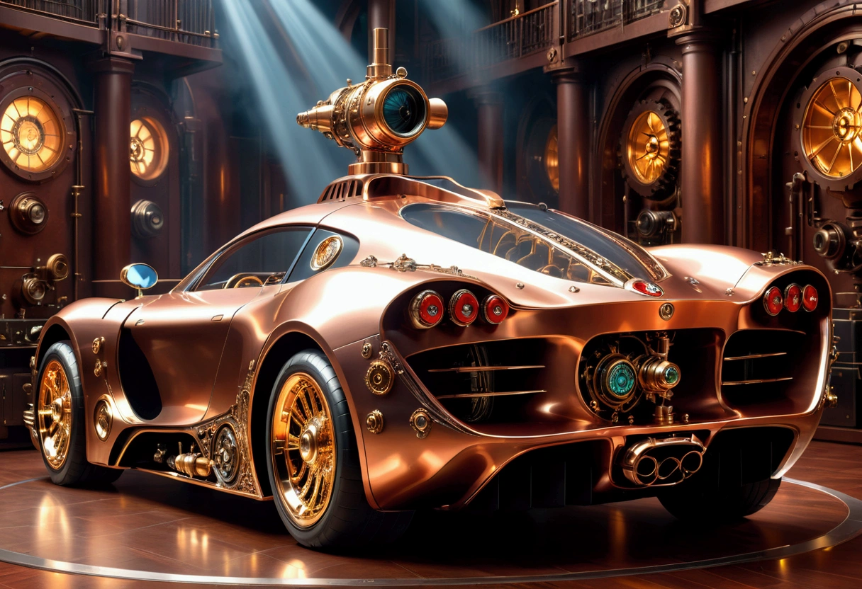 1 highly detailed steampunk supercar, intricate gears and machinery, copper and brass accents, glowing steam vents, ornate chrome details, luxurious leather interior, advanced futuristic technology, complex turbine engine, gleaming polished surfaces, dramatic lighting, cinematic camera angle, photorealistic, 8k, ultra-detailed, masterpiece