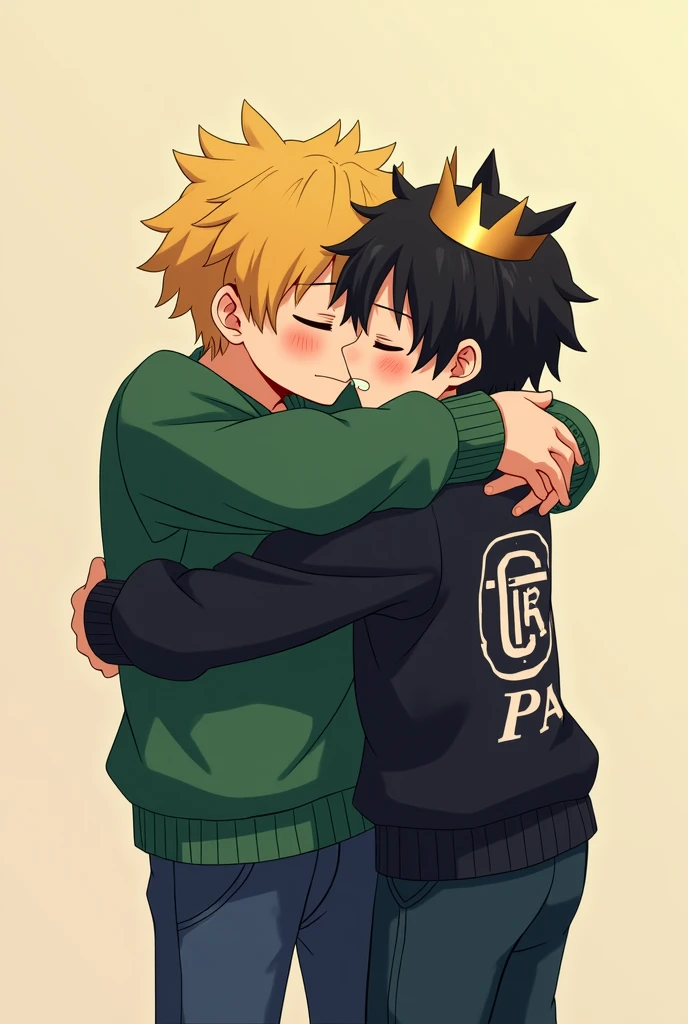 A yellow-haired anime boy wearing a green creeper sweater, blue pants, and black shoes, hugging a black-haired anime boy with a crown wearing a black sweater with a logo.. fire