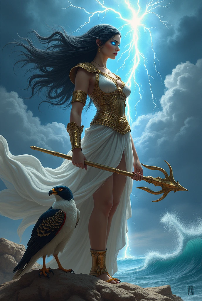 Goddess Athena with a trident in hand, black hair, blue eyes with lightning in the sky and radiating splendor, having a white falcon at her side and asking for strength. 