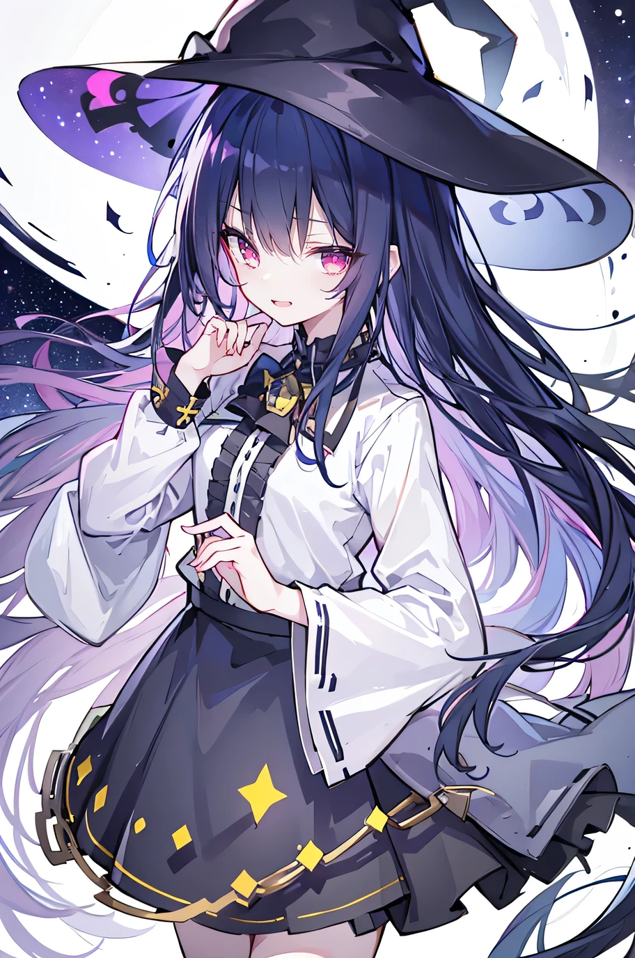 oung Girls,Humanity,A magician always smiles,big witch hat,cute,dark blue long hair,The eyes are dull,The bangs are heavy,Thin eyebrows,fantasy,intake,Double teeth,Star Theme,Constellation pattern,Solid color clothetal decoration,cloak,A bit of a dark atmosphere,A little crazy smile,When the big moon shines outside at night,blood,Hair black star embellishment,Short tie,No nails,High waist skirt,Bell sleeves,Long-sleeved shirt,Black tie,low risk,gentlemen。Mist、Yellow and white effect,Shocking pink as an accent color