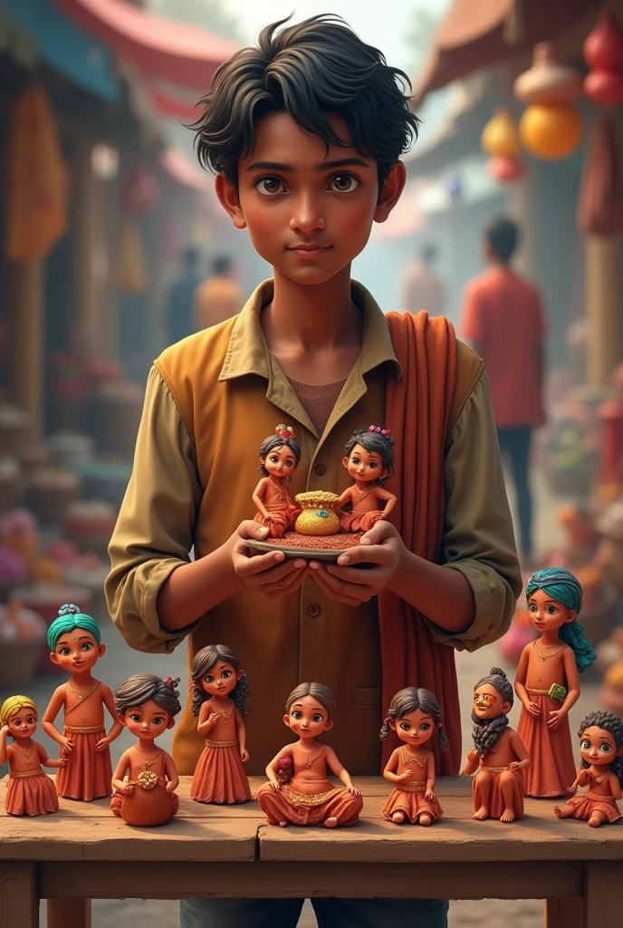 Focus on Arjun’s creative idea to sell the clay dolls he made, depicting his determination and hope to earn enough money for the sari.