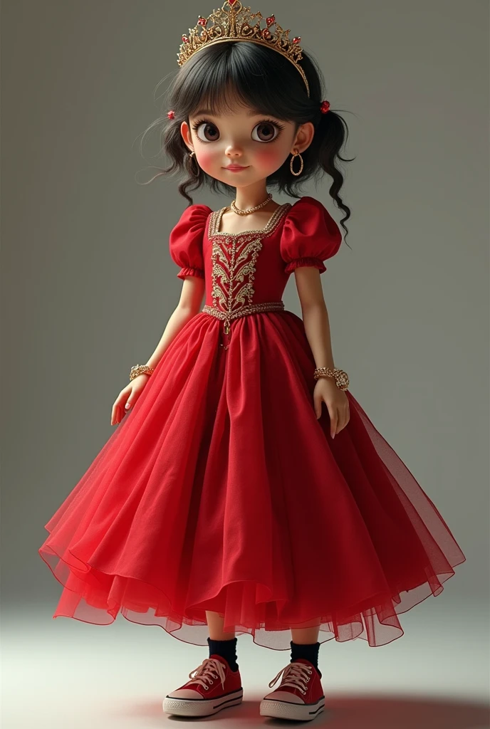 Girl wearing red princess dress, tiara, black socks and black sneakers