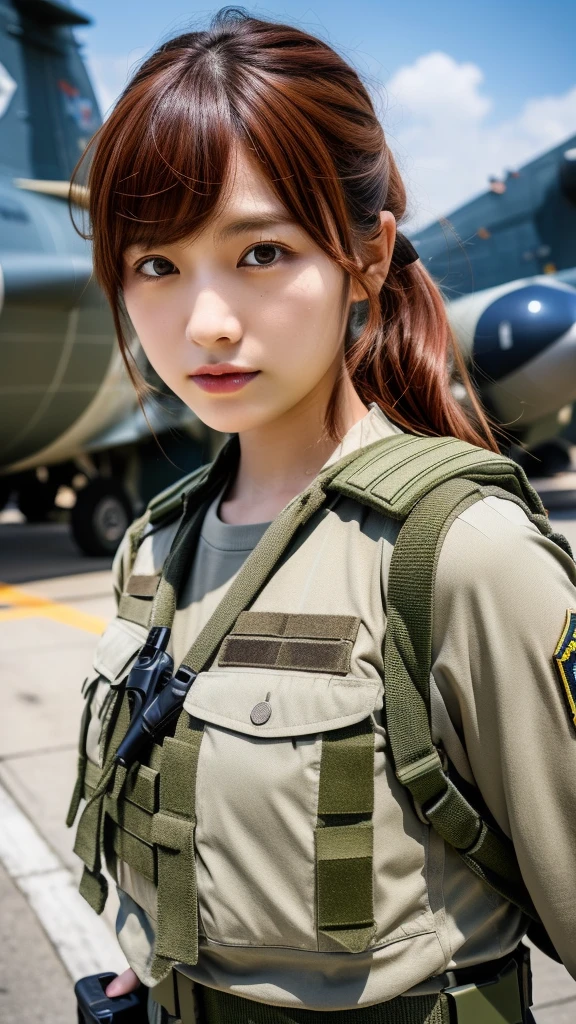 (masterpiece, ultra-detailed, ultra-realistic, best quality, clear focus, photorealistic), (ultra-high resolution, 8k:1.3), cinematic color-grading film, dramatic scenes, shadow, global-illumination, perfect anatomy, perfect face, (detailed face skin texture, detailed eye:1.3), (20 years old Japanese beautiful punk rock girl:1.2), (red hair:1.3), (Experienced paratroopers:1.3), professional light, soft light, (boyish cool Japanese face:1.3), (Fully equipped for battle:1.4), (m4a1 large assault rifle:1.4), (standing in front of a large military transport plane with camouflage color:1.3), (wearing a soldier's outfits with parachute on her back:1.2), (Strong willed expression:1.2), (afraid:1.4), slim waist, (military helmet), tactical vest, military harness, face focus,