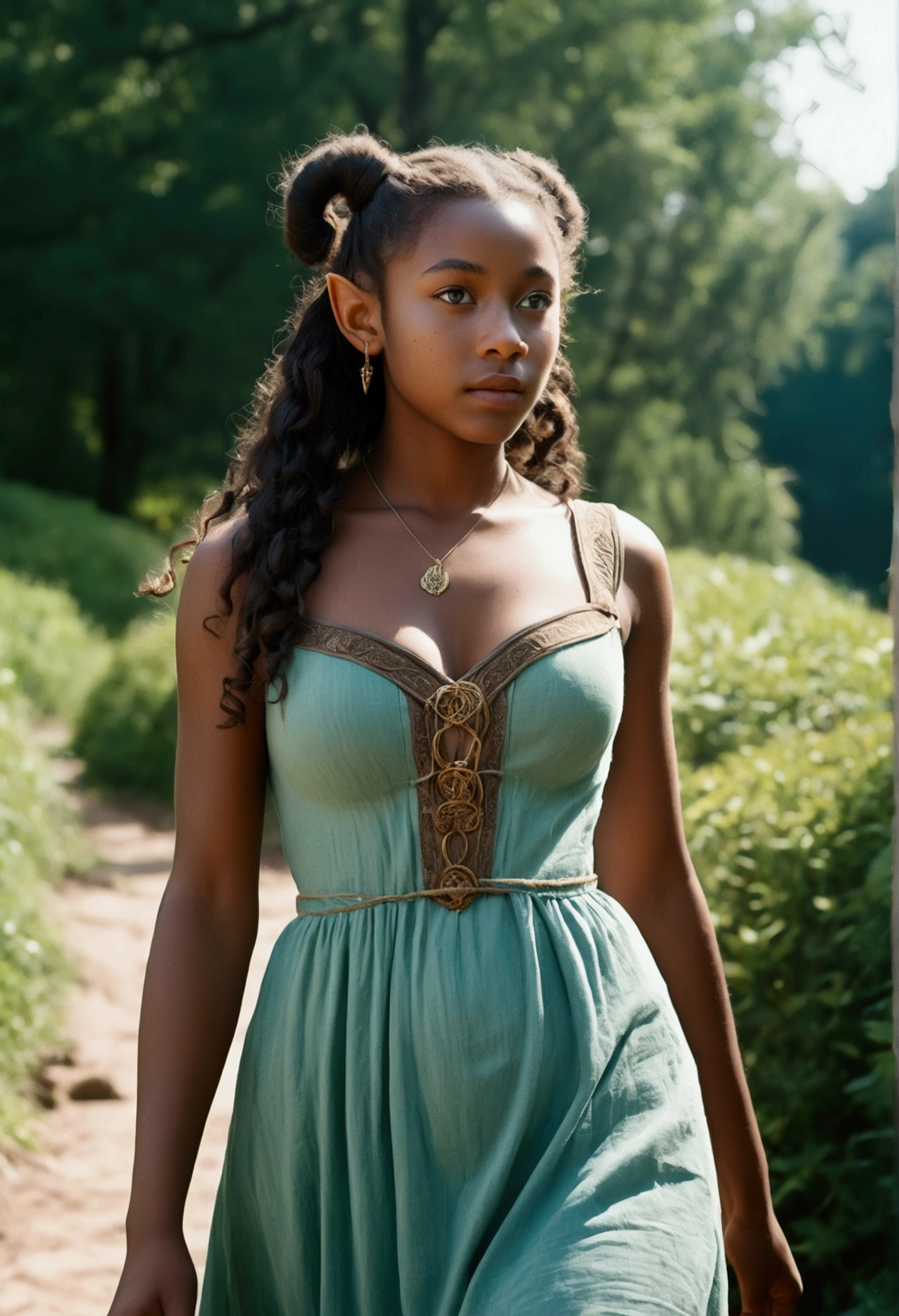 analog film photo, photo of a young elven girl, 18 years old, elf ears, cyan eyes, curly brunette ponytail, black skin, freckles, Amazonian stature, voluptuous hourglass figure, busty bosom, narrow waist, full hips, big plump buttocks, wearing a linen sun dress, strolling through a sunny fantasy landscape, RAW Photograph, dslr, soft lighting, high quality, film grain, Fujifilm XT3, detailed skin with visible pores, insane details, masterpiece, 8k, 35mm photograph, dslr, kodachrome, faded film, desaturated, grainy, vintage, Lomography, stained, highly detailed, found footage, close-up shot, elven ears