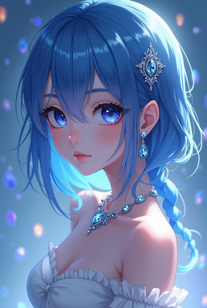 masterpiece, best quality, illustration, sax blue, platinum earrings, platinum necklace, white dress, 1girl, cute, (dynamic lighting:1.2), cinematic lighting, delicate facial features, detailed eyes, sharp pupils, realistic pupils, depth of field, bokeh, sharp focus, (hyper-detailed, bloom, glow:1.4), many small gems