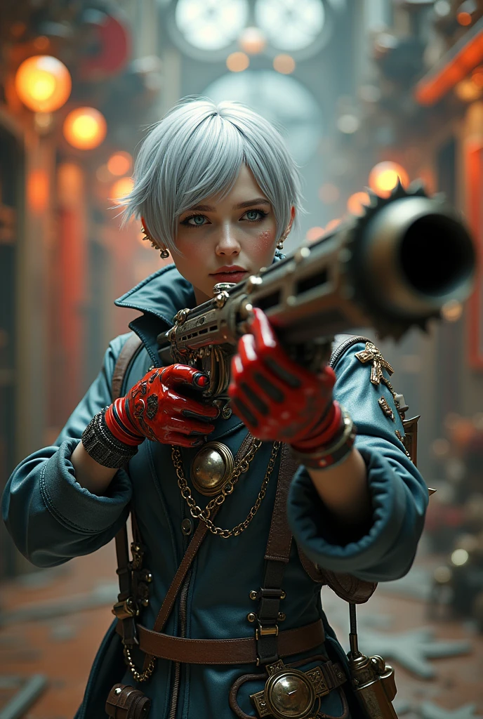 Surreal　Ultra-fantastical　Super detailed　Gatling Gun　Soldier　Mechanic Art　steampunk　Glossy red, black and gold　Intricate Design　8k 3D 　Cinema Lighting　Silver Hair　Clear Eyes　Cool accessories　Full body pose　Dynamic pose　Metallic Color　Cinema Lighting　Amulet　Gorgeous gloves　