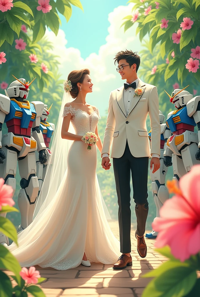 Pastel color scheme，Gentle warm sunlight falling on the hibiscus garden，A princess in a maidenly pose，Wearing a high-collared shirt，Floor-length gown，High heel。A handsome prince wearing glasses，Wearing a white tuxedo，leather shoes。Two people holding hands happily，Guests resembling various Gundams。Wide-angle lens，panoramic