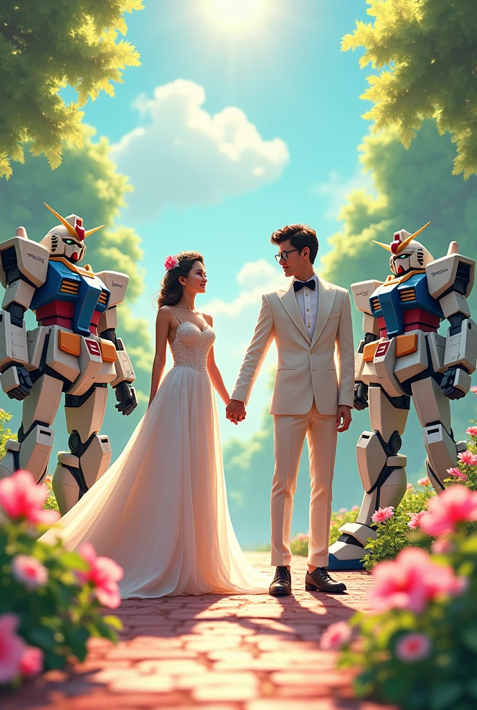 Pastel color scheme,Gentle warm sunlight falling on the hibiscus garden,A princess in a maidenly pose,Wearing a high-collared shirt,Floor-length gown,High heel。A handsome prince wearing glasses,Wearing a white tuxedo,leather shoes。Two people holding hands happily,Guests resembling various Gundams。Wide-angle lens,panoramic