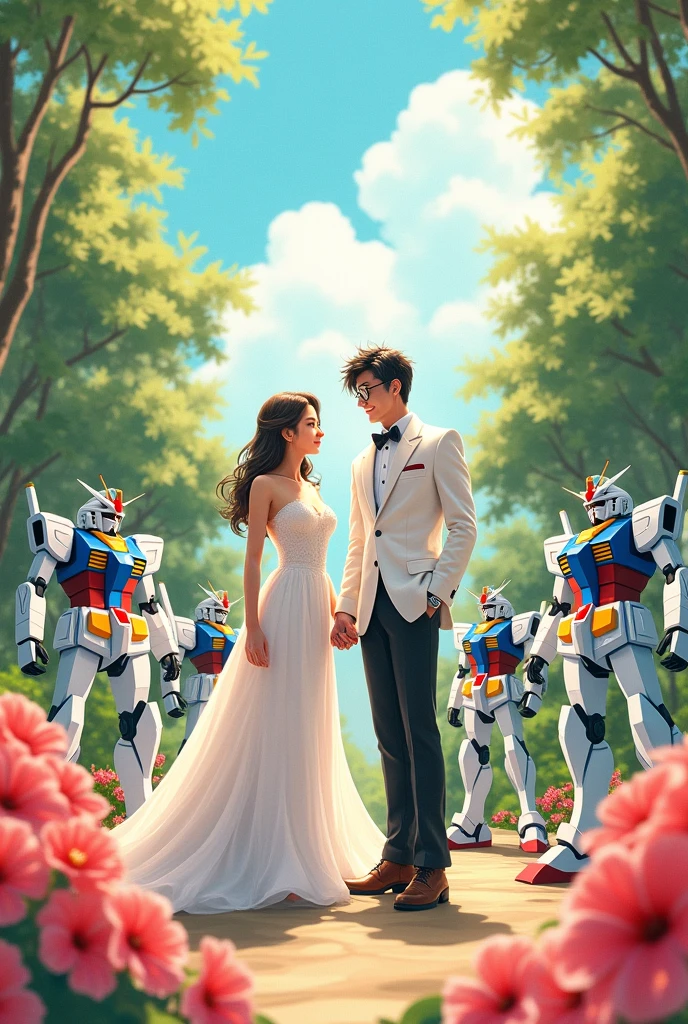Pastel color scheme,Gentle warm sunlight falling on the hibiscus garden,A princess in a maidenly pose,Wearing a high-collared shirt,Floor-length gown,High heel。A handsome prince wearing glasses,Wearing a white tuxedo,leather shoes。Two people holding hands happily,Guests resembling various Gundams。Wide-angle lens,panoramic