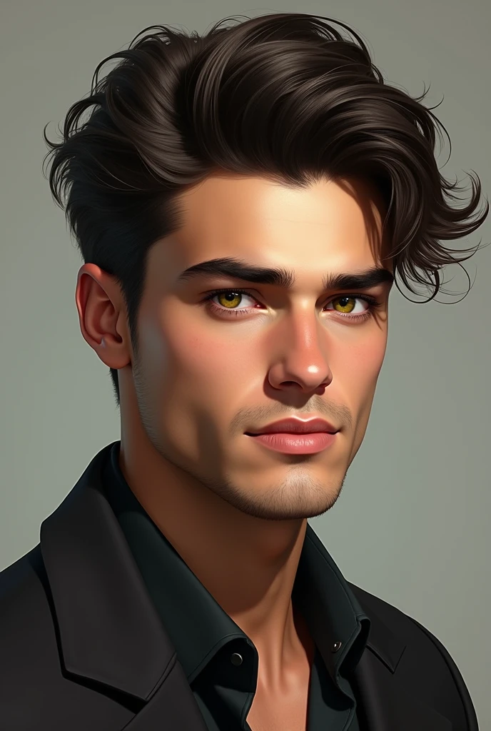 Portrait of a man in his mid-20s to early 30s with dark, thick hair, curled around the nape of his neck and falling forward to brush his equally dark eyebrows. High and wide cheekbones, A straight nose, a square, firm jawline and his well-shaped mouth when smiling shows two dimples in his cheeks and he has bright golden and green eyes 


