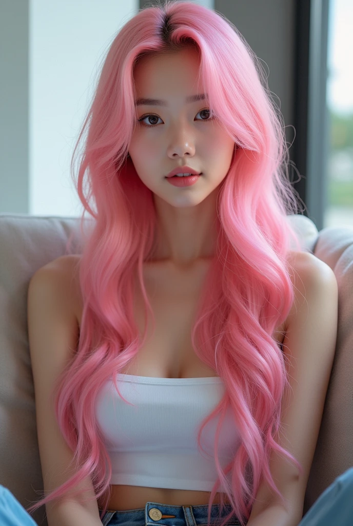 KPOP girl with pink hair, black eyes, pink lips, casual outfit, sitting on sofa