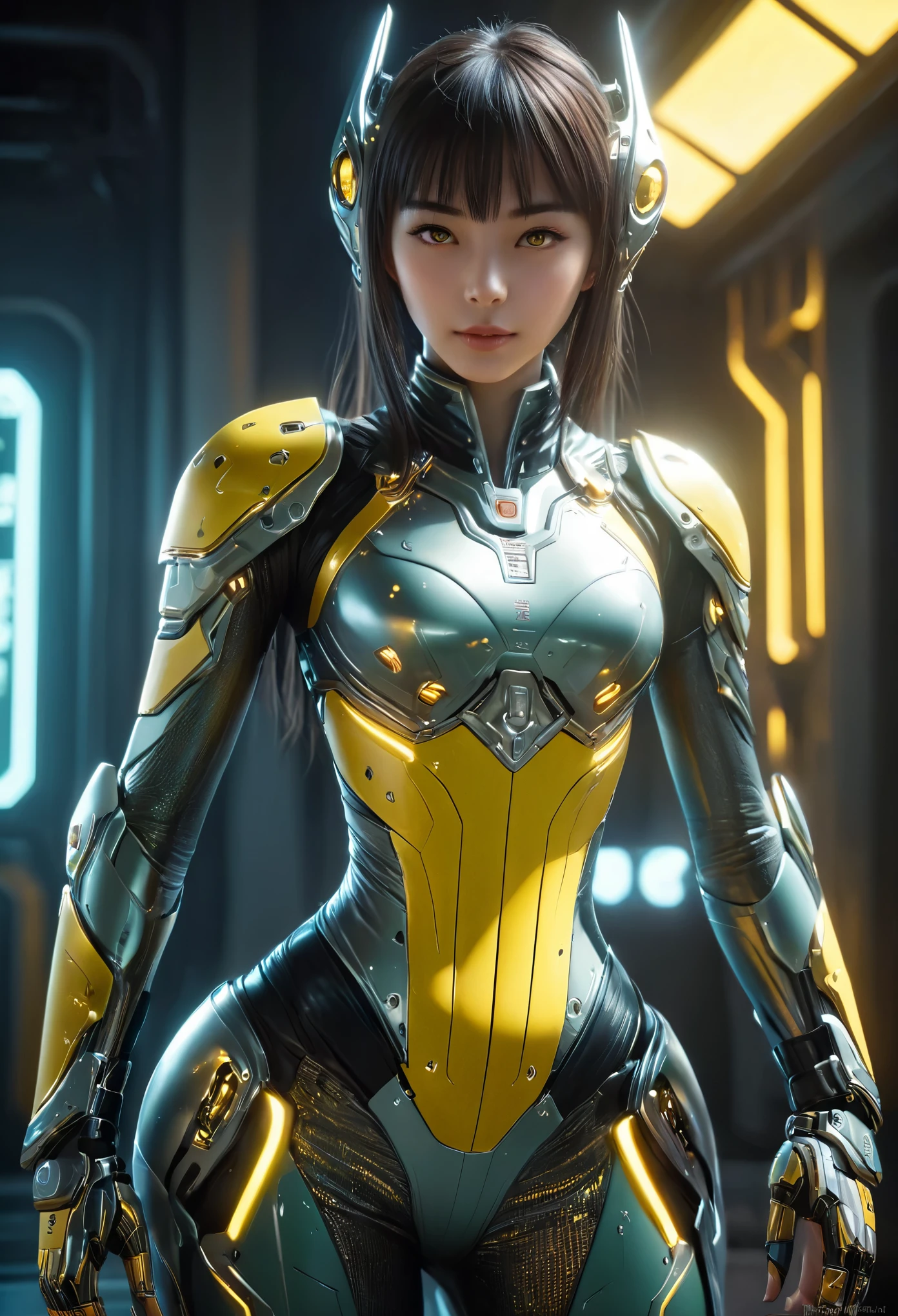 (Best Quality, 4K, 8K, High Resolution, Masterpiece: 1.2), (Super Detailed, Realistic, Photorealistic:1.37), A woman in futuristic clothing, Trending on cgstation, Trending on cgstation, (Portrait of a girl in the Knights of the Zodiac:1.4), blunt bangs, Cute Cyborg Girl, Perfect android girl, Portrait Astronaut Girl, Beautiful girl cyborg, (Girl wearing yellow green and jet black mechanical cyber armor:1.3), Game CG, cgsociety and fenghua zhong, Beautiful Cyborg Shrine Maiden, Bioluminescence, (Yua Yaiba:0.5), (Golden eyes:1.5), Anatomically correct grip, (Sharp and long claws:1.4), erotic and sexy,