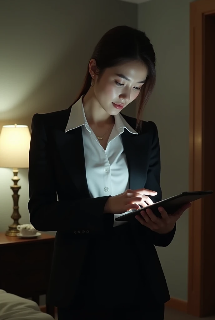 woman in a suit using a tablet computer in a room, working, sun yunjoo, still from a live action movie, park shin hye as a super villain, full device, using a magical tablet, iu lee ji-eun as a super villain, profile pose, [ realistic photo ]!!, shin min jeong, serious business, lazy, elegant look