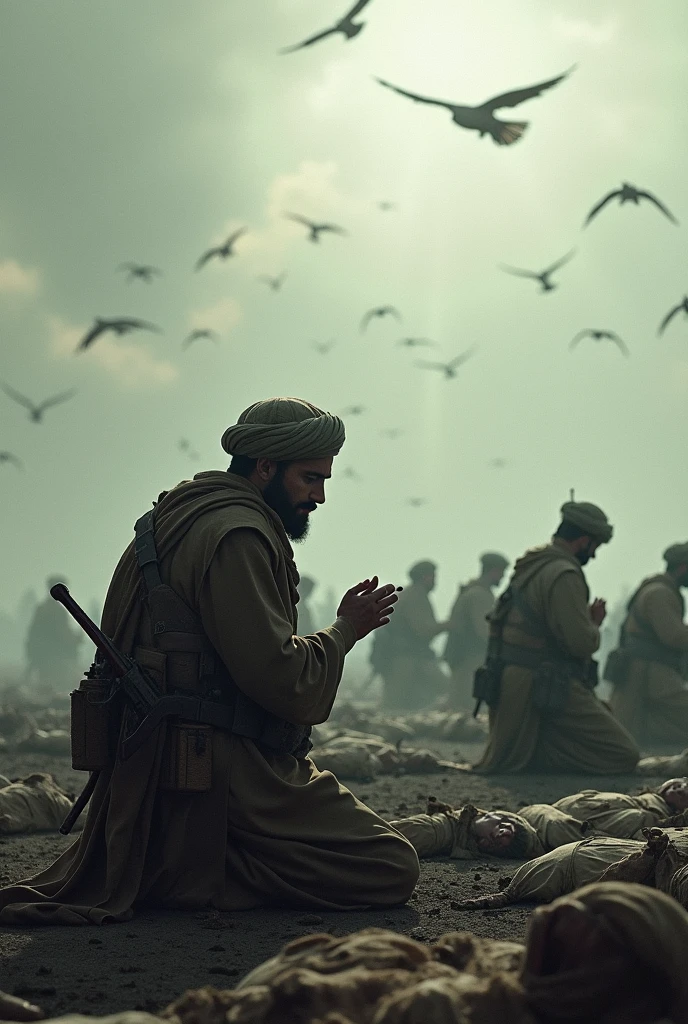 Islamic soldiers practice namaz. A battlefield And his weapon put down in front of. And many human dead body near around . And Bird flying in sky for eating bodies