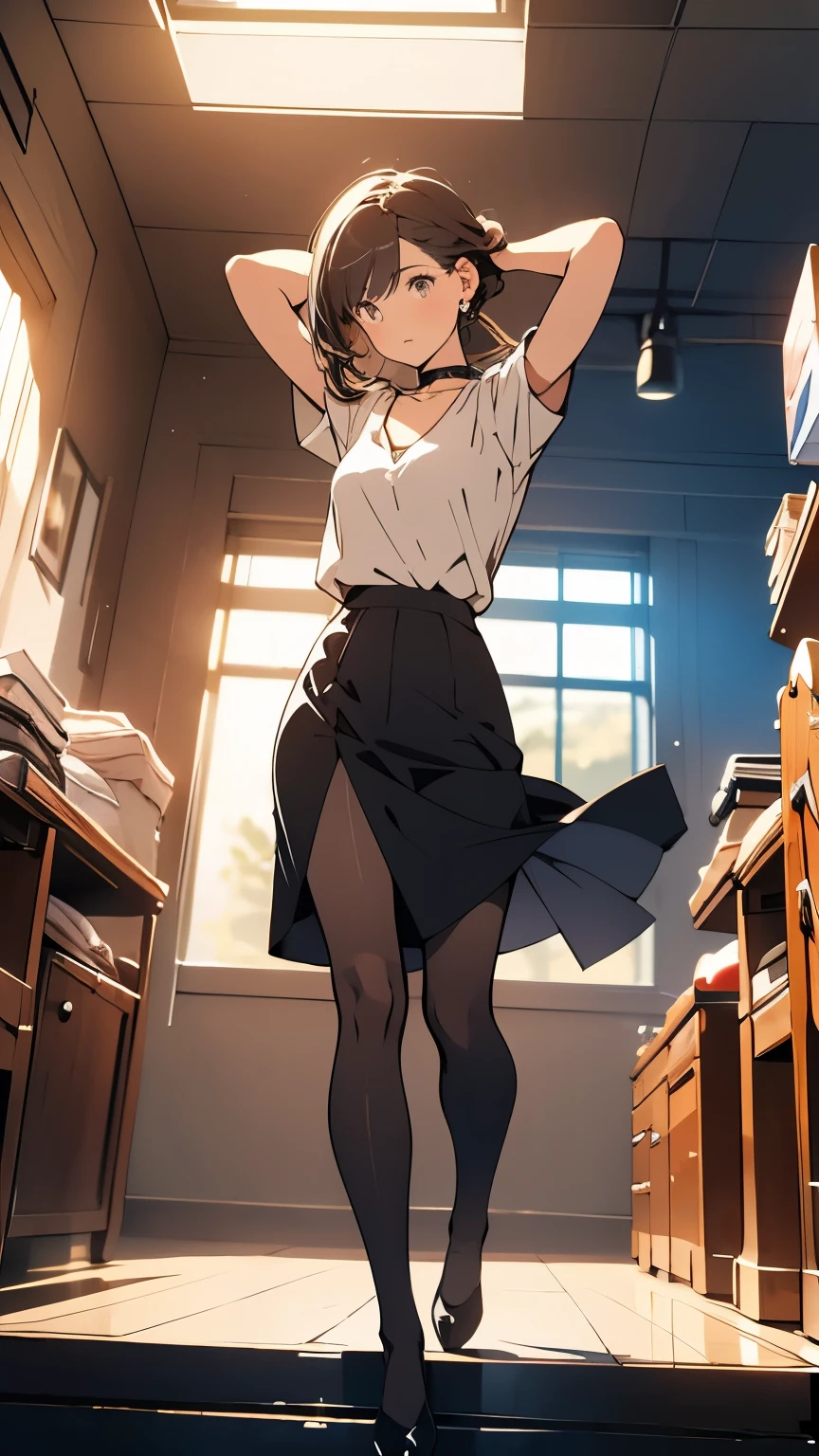 Dynamic composition,full body,from below,(Realistic, photo　Realistic), {{masterpiece}}, {{{best quality}}},{{ultra-detailed}}, {{illustration}},female scientist,{{arm up}},hand in own hair,arm pit,{{Her hair is brushed back and the sides of her short-sleeved blouse are glimpsed through her short-sleeved blouse.:1.8}}.{{Pencil skirts Long skirts Deep slits:1.4}},long skirt with deep slit,Black pantyhose,white blouse,Short sleeve blouse　,clavicle　,Black choker , computer Room,Computer desk