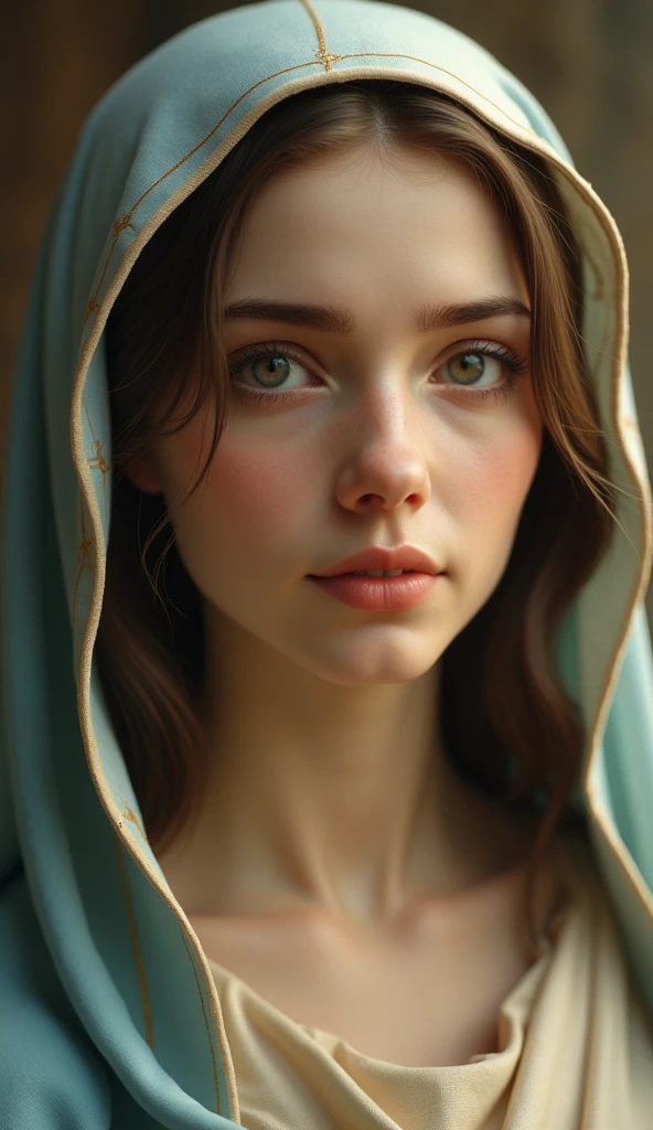 beautiful detailed face of the virgin mary, beautiful detailed eyes, stunning detailed lips, extremely detailed face, longeyelashes, beautiful beige tunic, soft blue cloak and veil, heavenly light, intricate detailed clothing, serene and benevolent expression, high quality, 8k, photorealistic, cinematic lighting, digital art, masterpiece