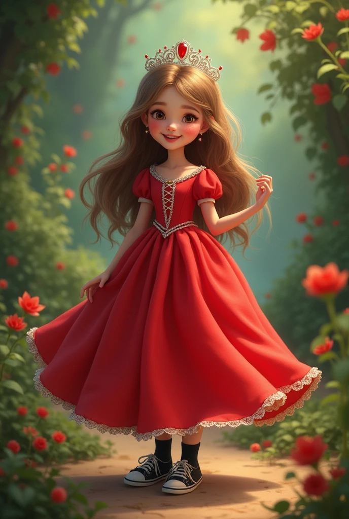 Girl wearing red princess dress, tiara, black socks and black sneakers