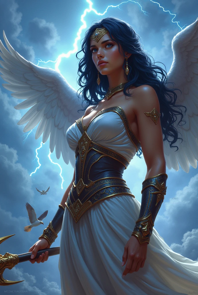 Athena, the goddess, with a trident in her hand, black hair, blue eyes, with lightning bolts in the sky and radiating a splendor, having a white falcon by her side, asking for strength, looking straight ahead.