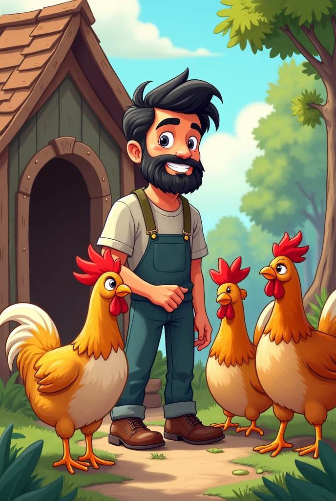 Create a 25 year old white guy, with black hair, social, with beard and taking care of his chicken coop in cartoon