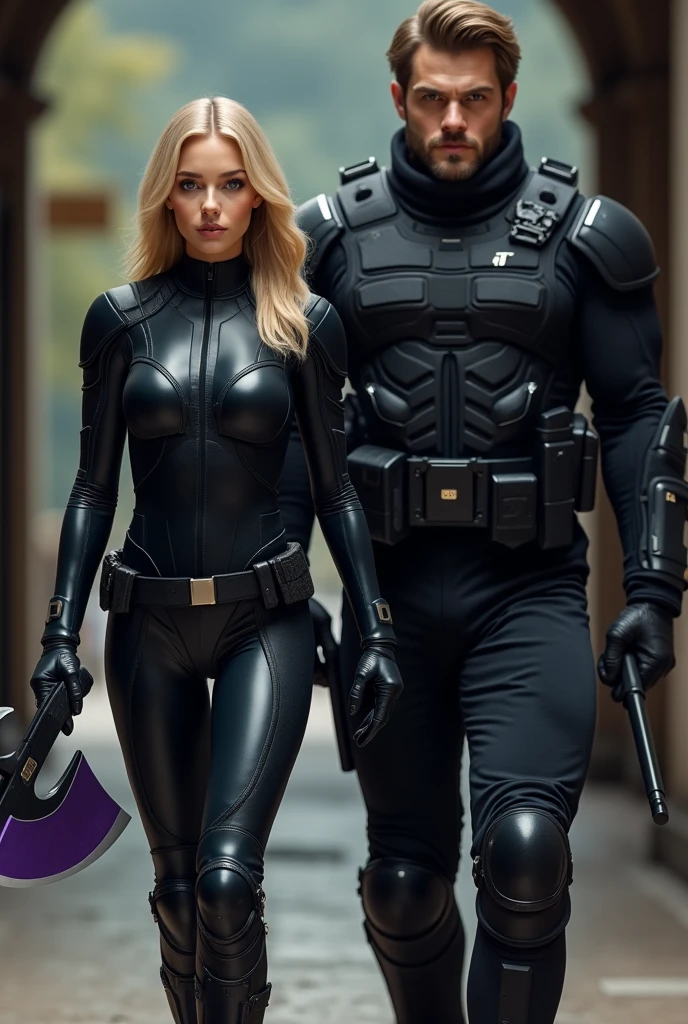 Create the image of a 22 year old blonde girl, blue eyes, clear skin, thick lips, slim, dressed in a well-equipped black tight-fitting combat suit and a black and purple axe in hand, Together with her, she creates a 31-year-old boy, clear skin, eyes the color of honey, Brown hair, muscular, dressed in a well-equipped black combat suit and a weapon
Create them making a spectacular entrance to an important place