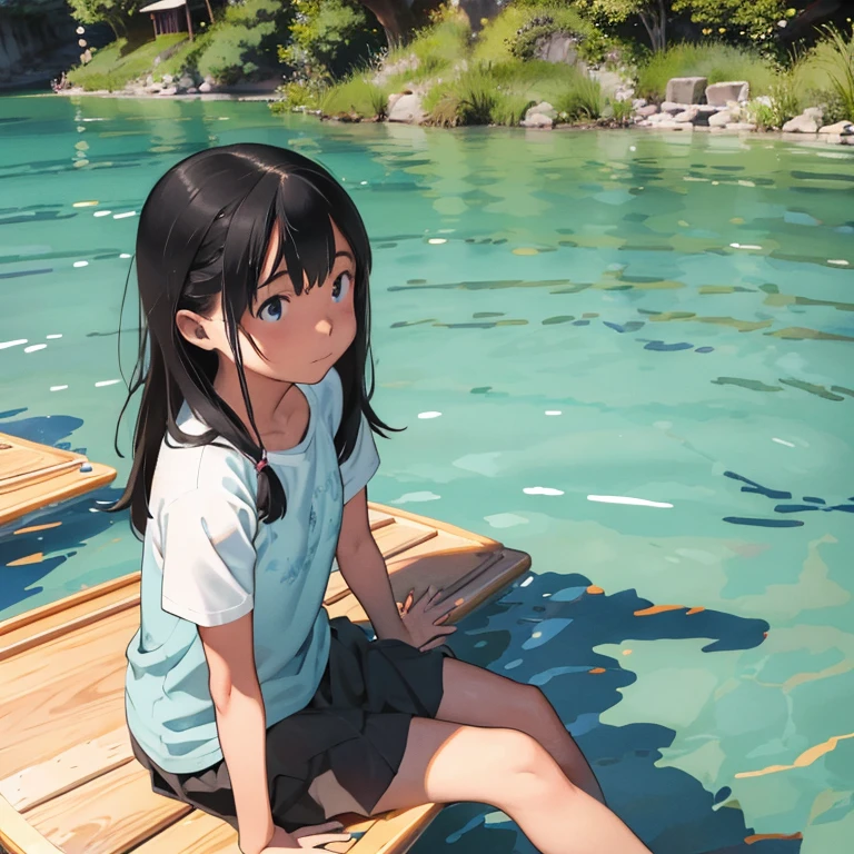２People Girl、、Healthy girl、Clean lake、Floating in the lake、Sitting on a float、