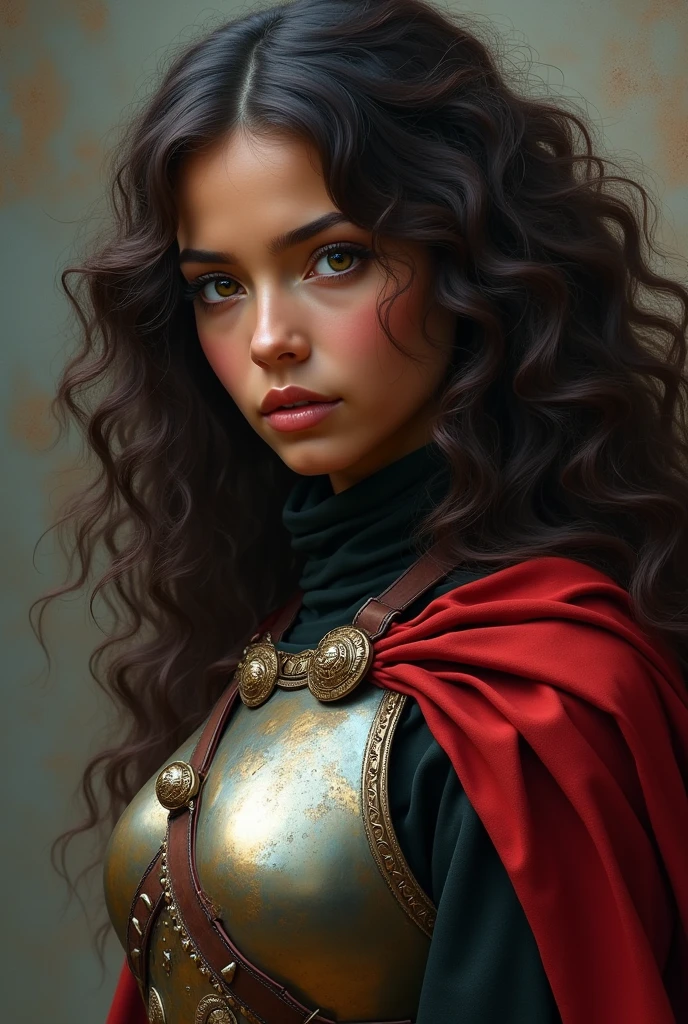 Draw a VERY REALISTIC fantasy style drawing of an innocent and delicate woman , light brown skin, very curly 3B hair, full and long, brown eyes in war clothes and cape