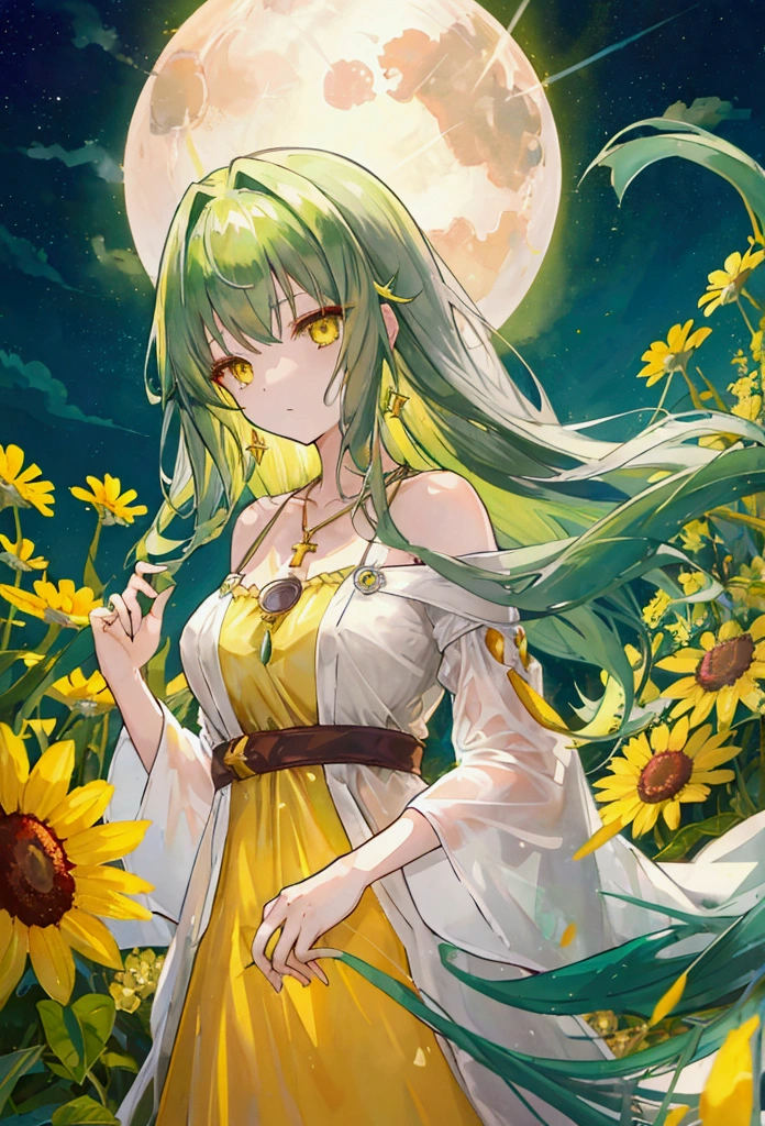 a woman with long dark green hair, yellow eyes,Dress,Bangs,The golden sun in the background,Silver cross necklace,Sea of Flowers