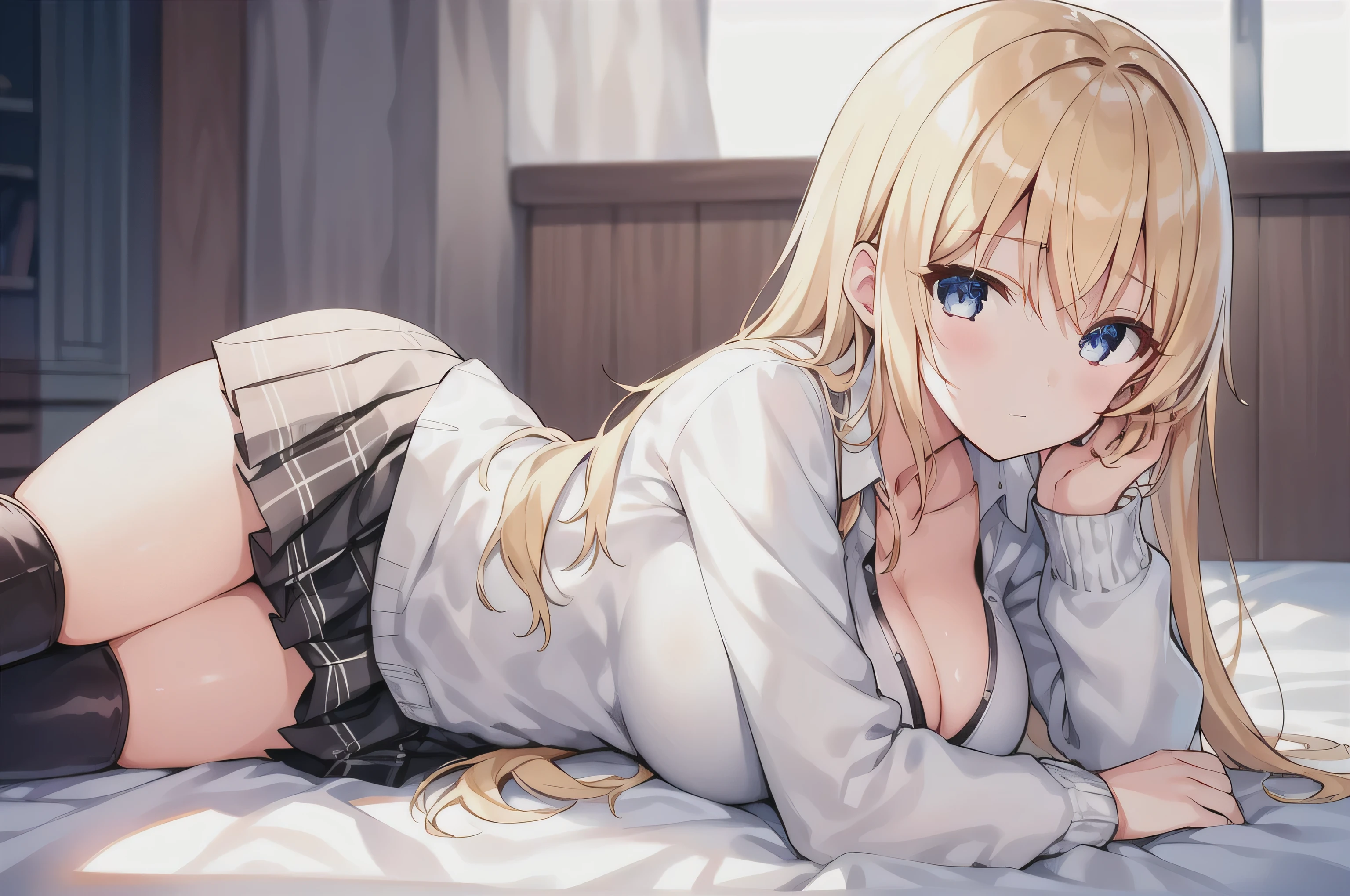 A girl,bionde, Long hair, Eye:1.5), (Large Breasts:1.2),
Rest special short skirt, skirt, White shirt, Seto Fuku,Low-cut,cardigan,Close your eyes,boots,Cleavage Rest,At the same time look at the audience,Lying down,
Rest in the bedroom, rest on bed (masterpiece:1.2), best quality, high resolution, Unity 8K wallpaper, (illustration:0.8), (Beautiful and delicate Eye:1.6), Extremely detailed face, Perfect lighting, Extremely detailed CG, (Perfect hands, Perfect anatomical structure),