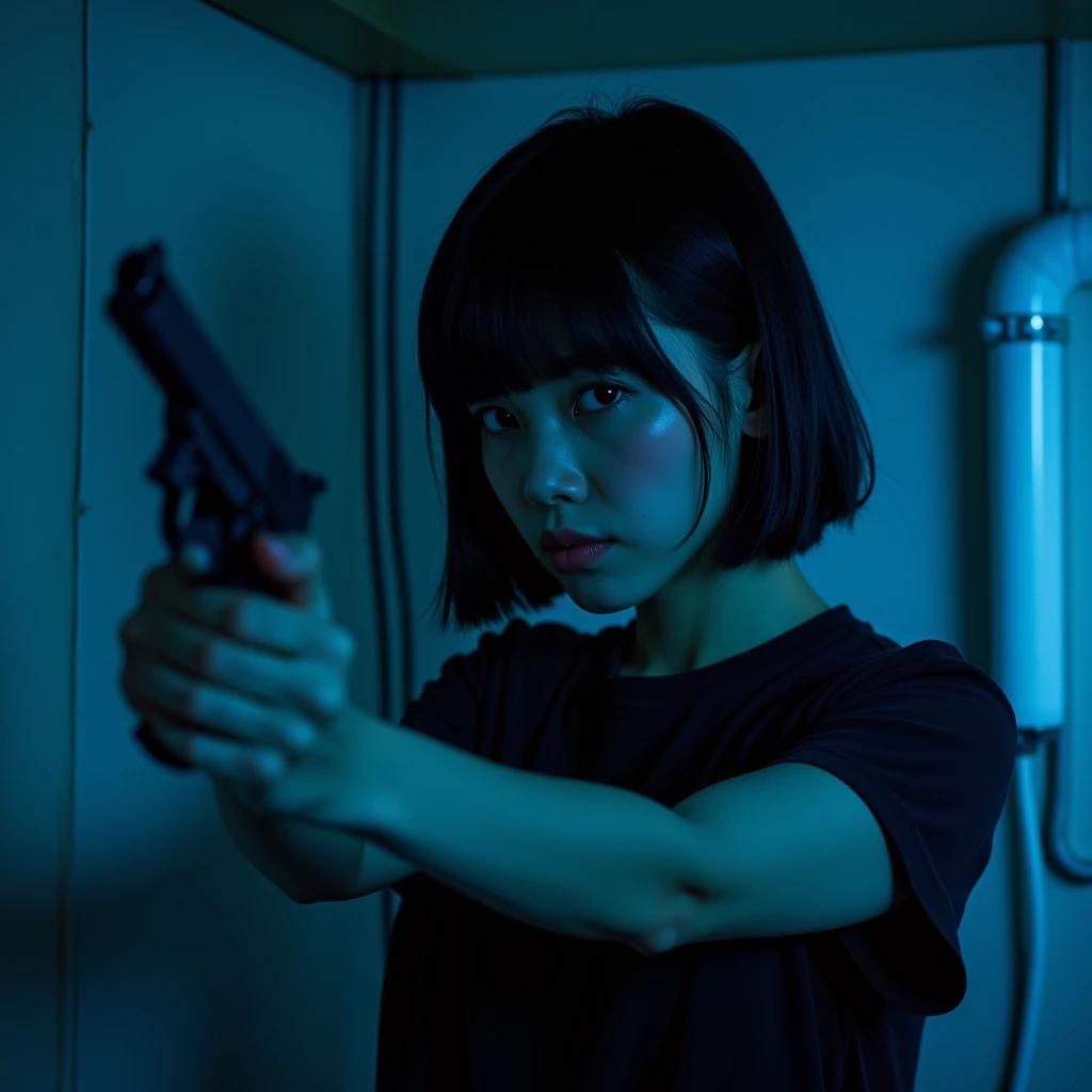 Photos, (Photorealistic: 1.4), (Hyperrealistic: 1.4), (Cinematic: 1.5), Woman in her 20s, Japan, Woman with a Gun, (Desert Eagle), Nikita, Night, Blue Light, Tension, Short Hair, Holding a Gun in Two Hands, Basement, Black T-Shirt, Electrical Cord on Wall, Water Pipe