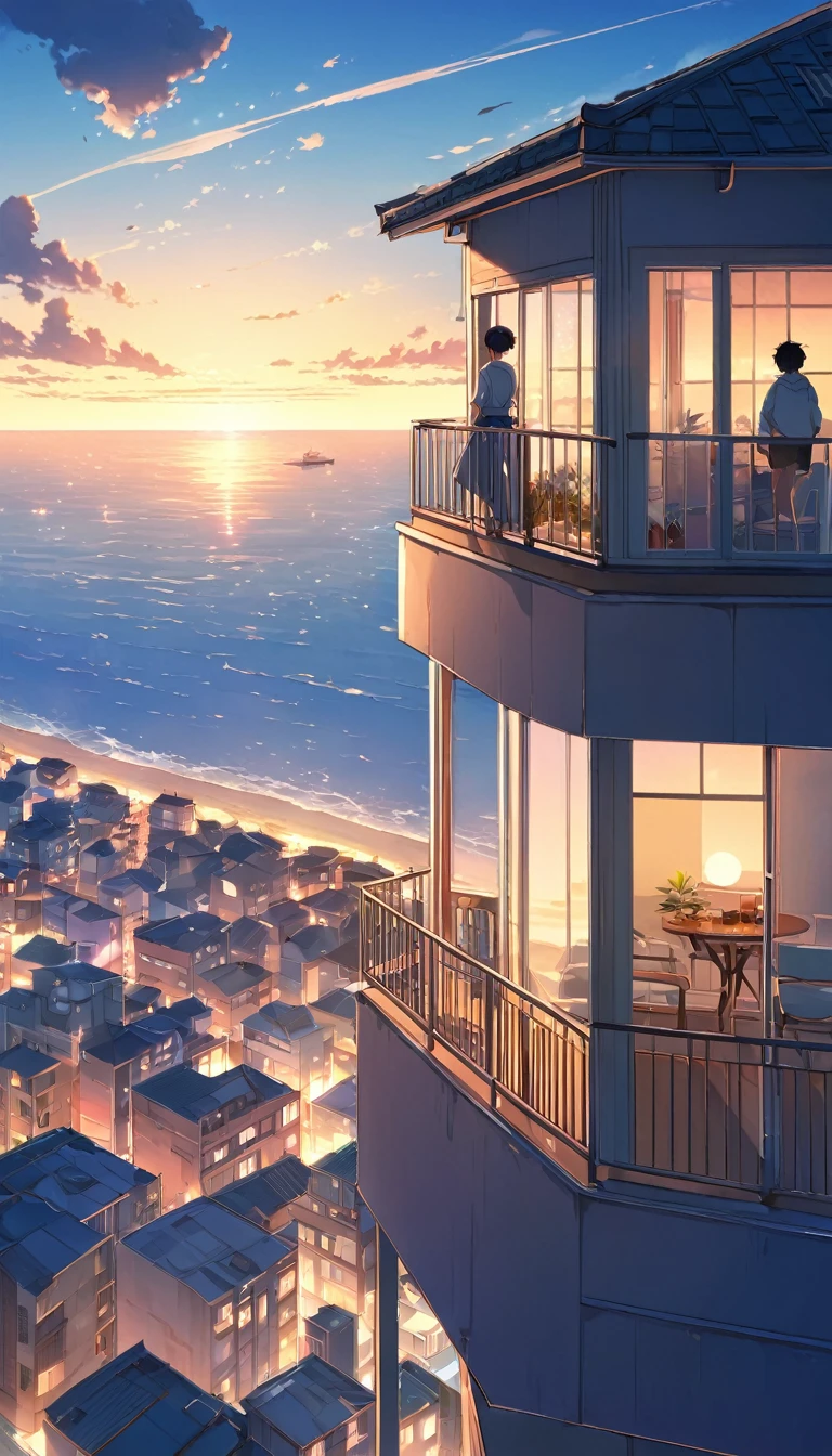 anime boy looking at the ocean from a balcony overlooking a city, makoto shinkai cyril rolando, makoto shinkai. —h 2160, style of makoto shinkai, in style of makoto shinkai, ( ( makoto shinkai ) ), makoto shinkai. digital render, makoto shinkai!, beautiful anime scene