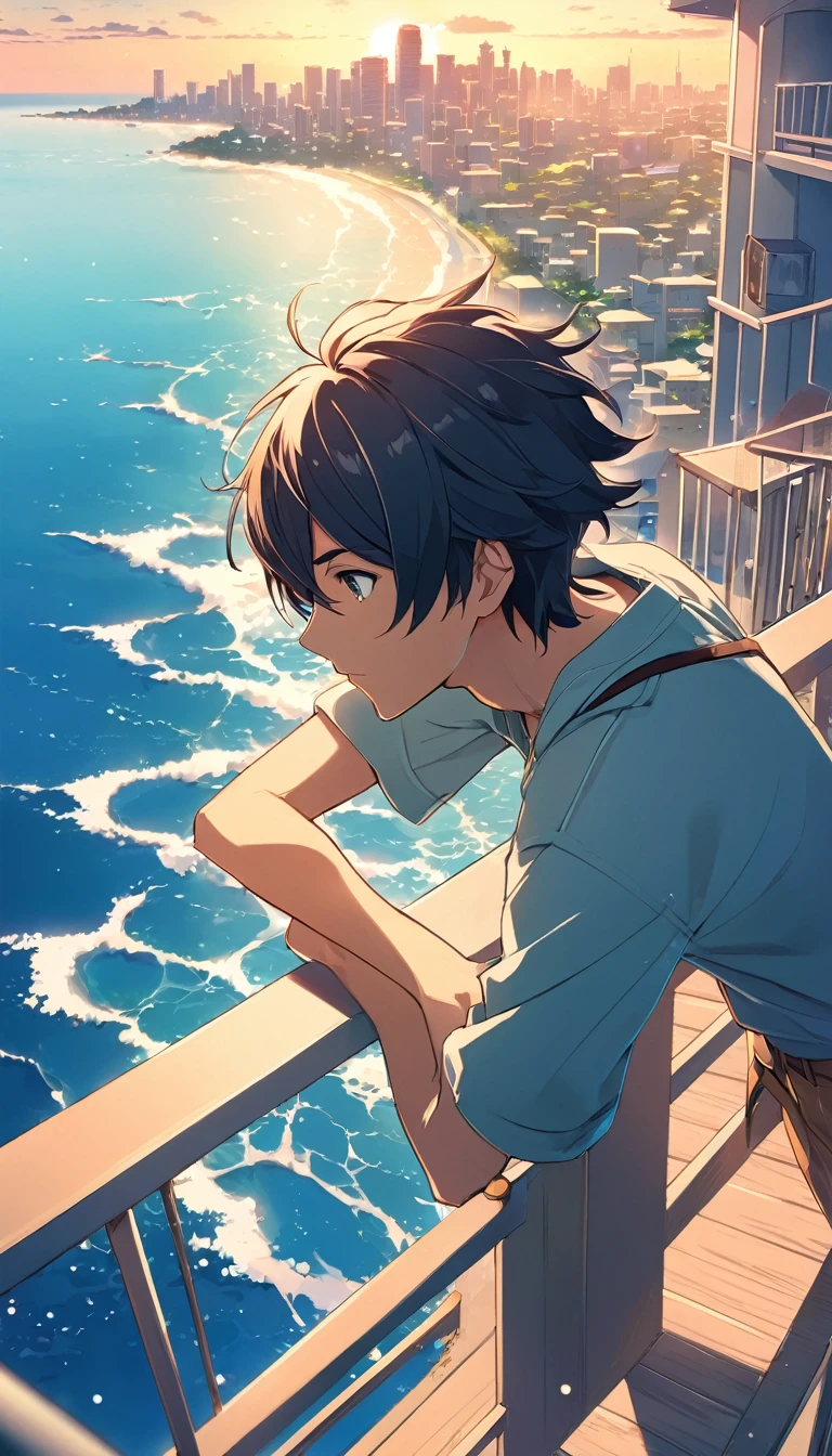 anime boy looking at the ocean from a balcony overlooking a city, makoto shinkai cyril rolando, makoto shinkai. —h 2160, style of makoto shinkai, in style of makoto shinkai, ( ( makoto shinkai ) ), makoto shinkai. digital render, makoto shinkai!, beautiful anime scene